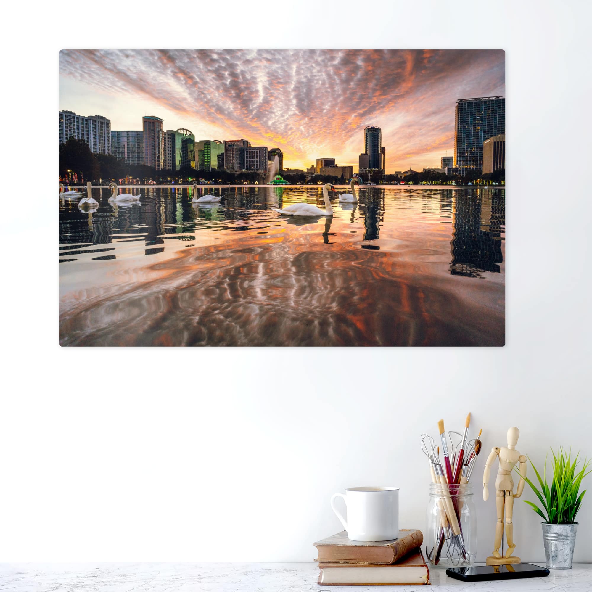 Metal print of Reflections of Lake Eola displayed on a modern white wall.